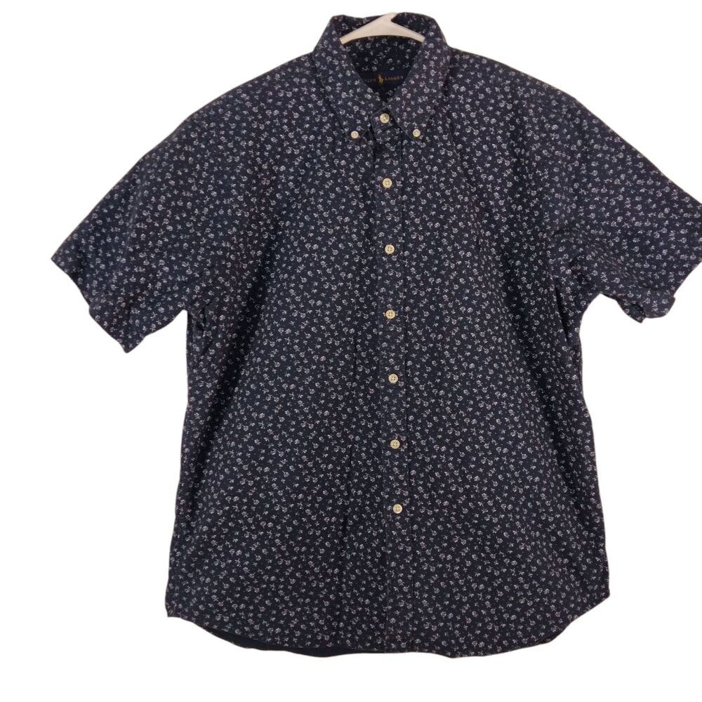 Ralph Lauren shirt mens L Large blue all over floral oxford OCBD short sleeve